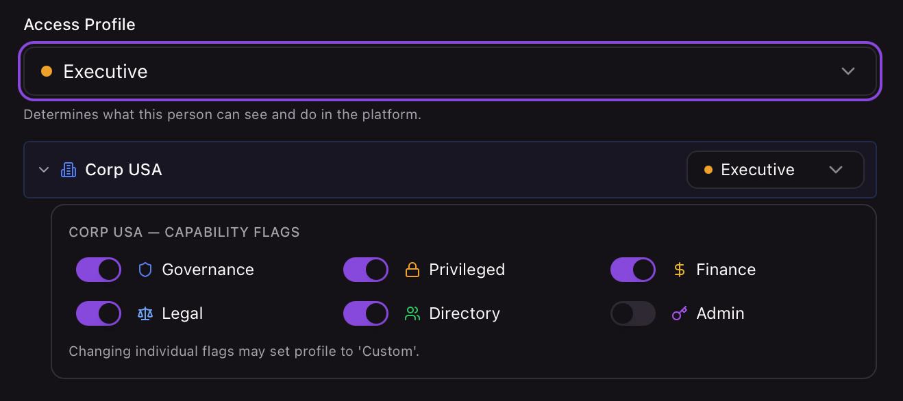 Access profile showing executive capability flags for governance, privileged, finance, legal, directory, and admin permissions