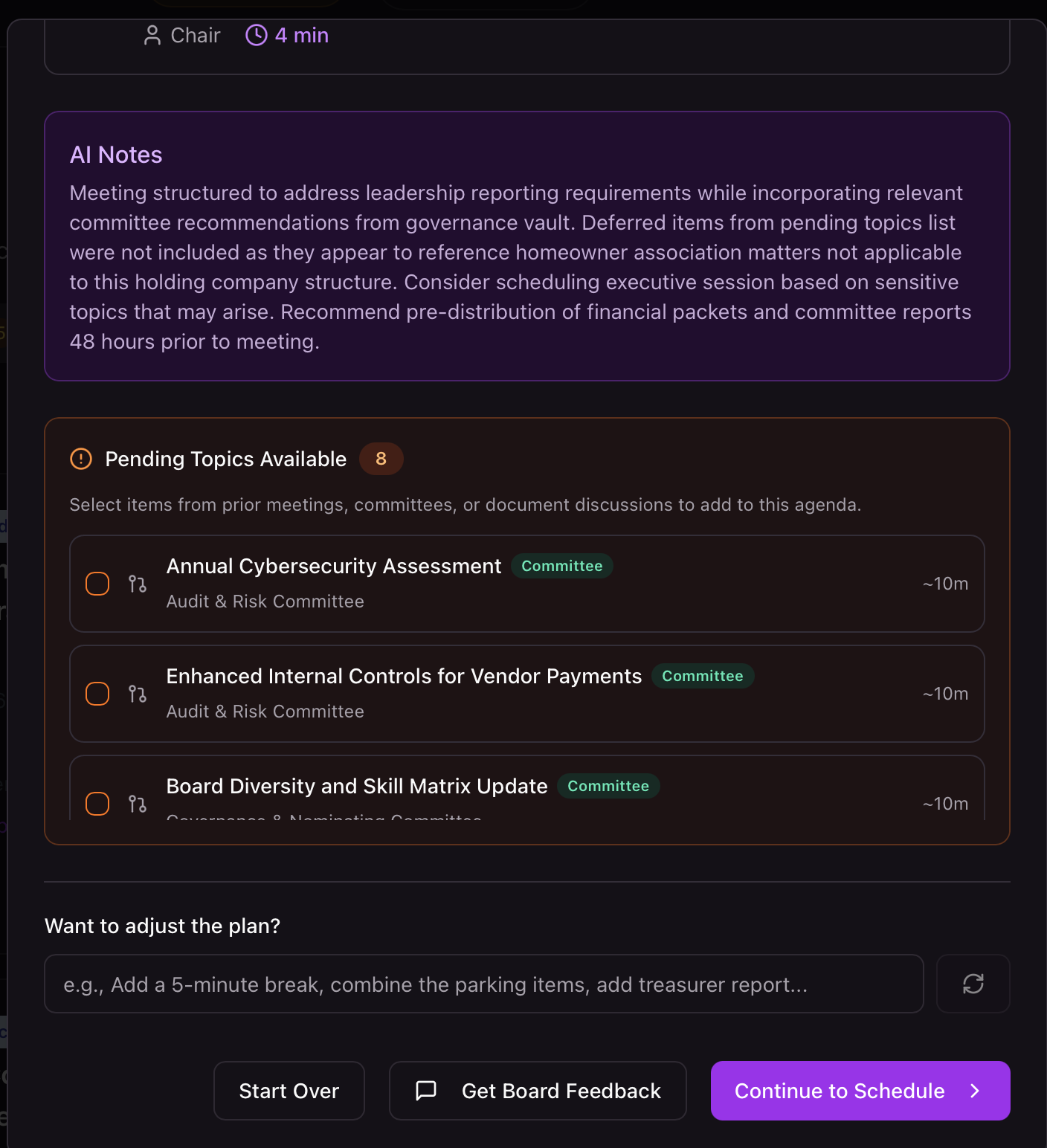 Convenor AI agenda planner showing AI-generated notes, pending topics from committees, and options to adjust the plan or get board feedback