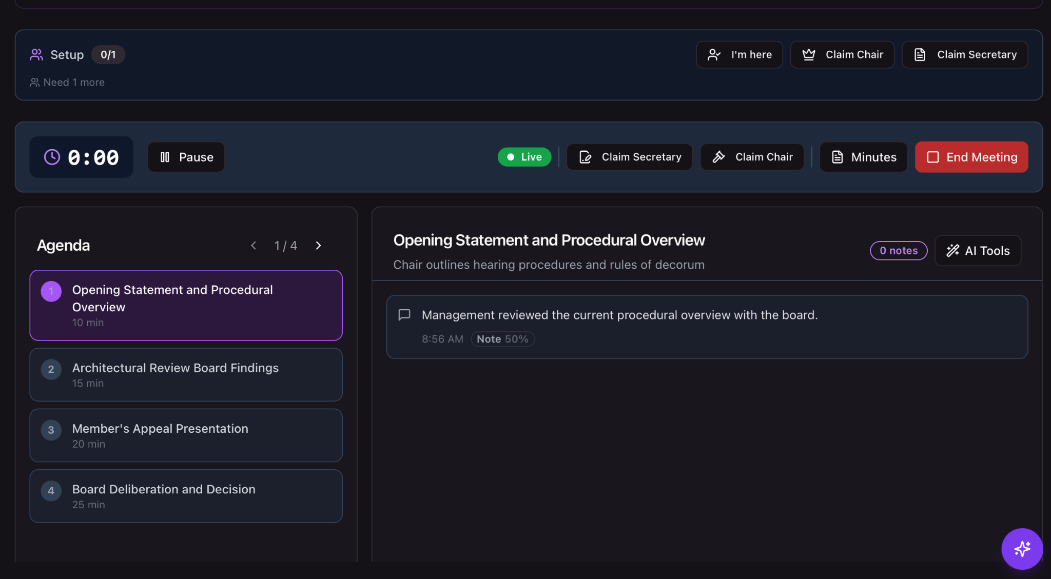 Convenor live meeting mode with timer, agenda navigation, note-taking, and options to claim Chair or Secretary roles