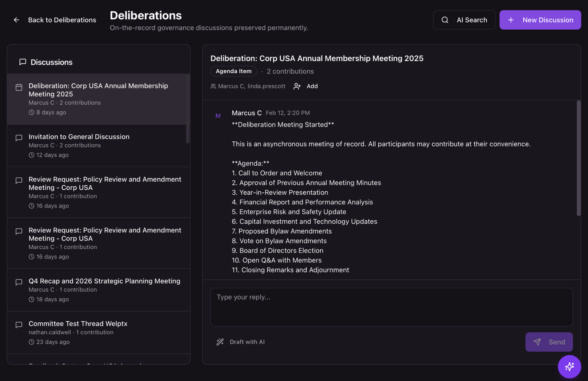Deliberations view showing threaded governance discussions with agenda item tags, contribution counts, and AI search