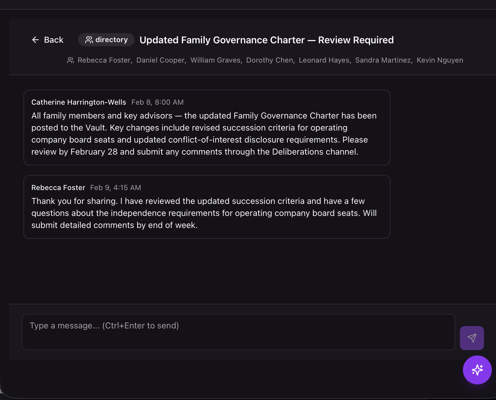 Directory thread showing a family governance charter review with participant list and structured review comments