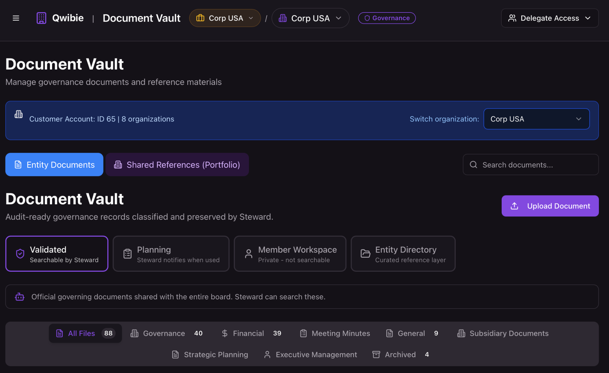 Document Vault overview showing validated, planning, member workspace, and entity directory tabs with file counts by category