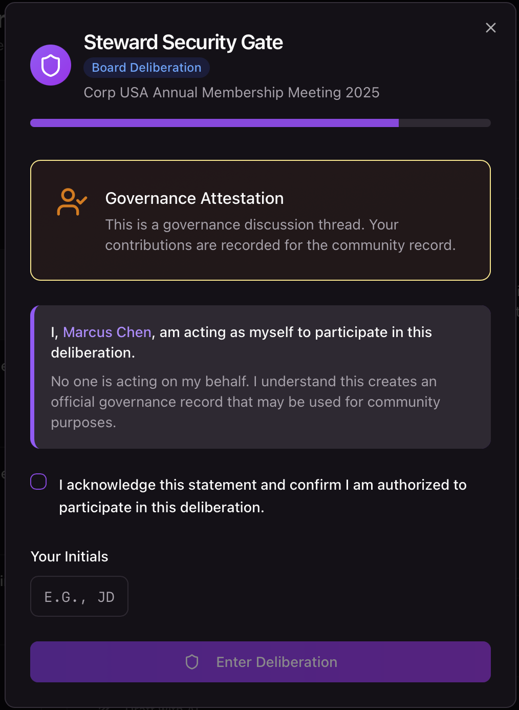 Steward Security Gate requiring governance attestation with identity confirmation, acknowledgment checkbox, and initials before entering a deliberation