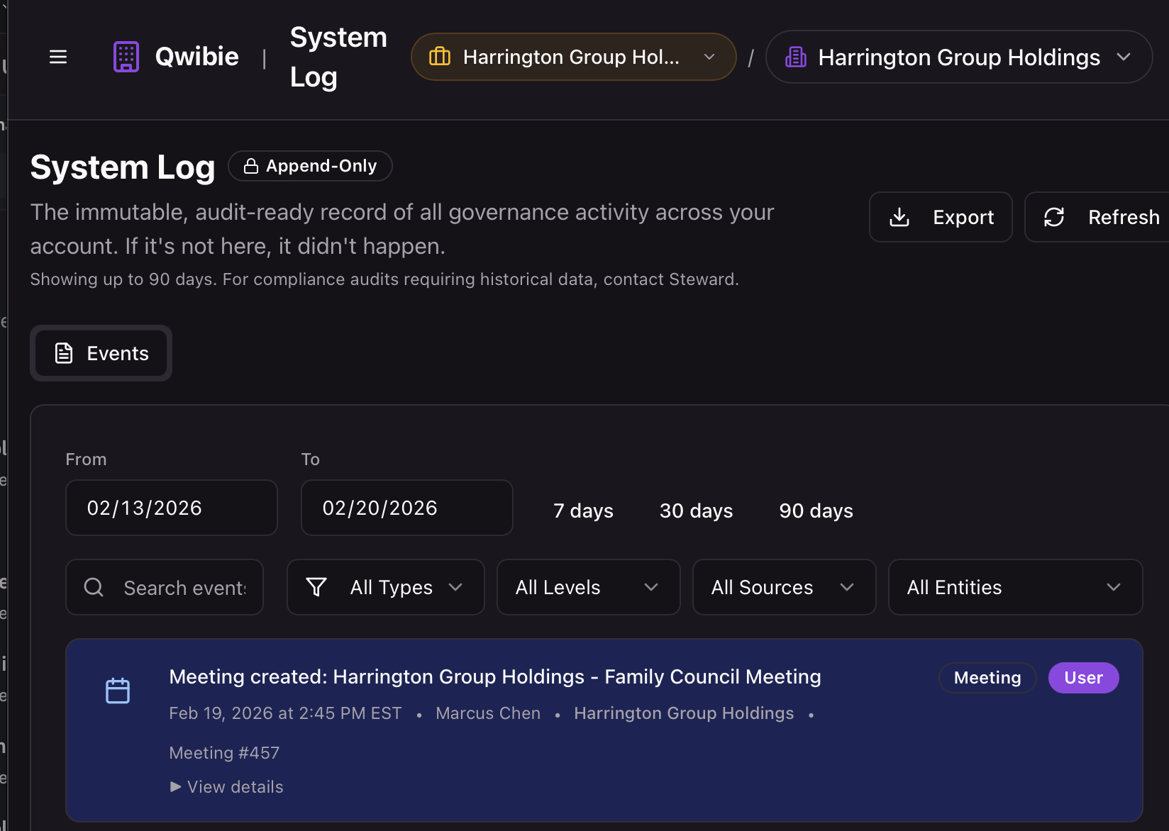 System Log showing append-only governance events with date filters, event type and level filters, and a meeting creation event with user attribution
