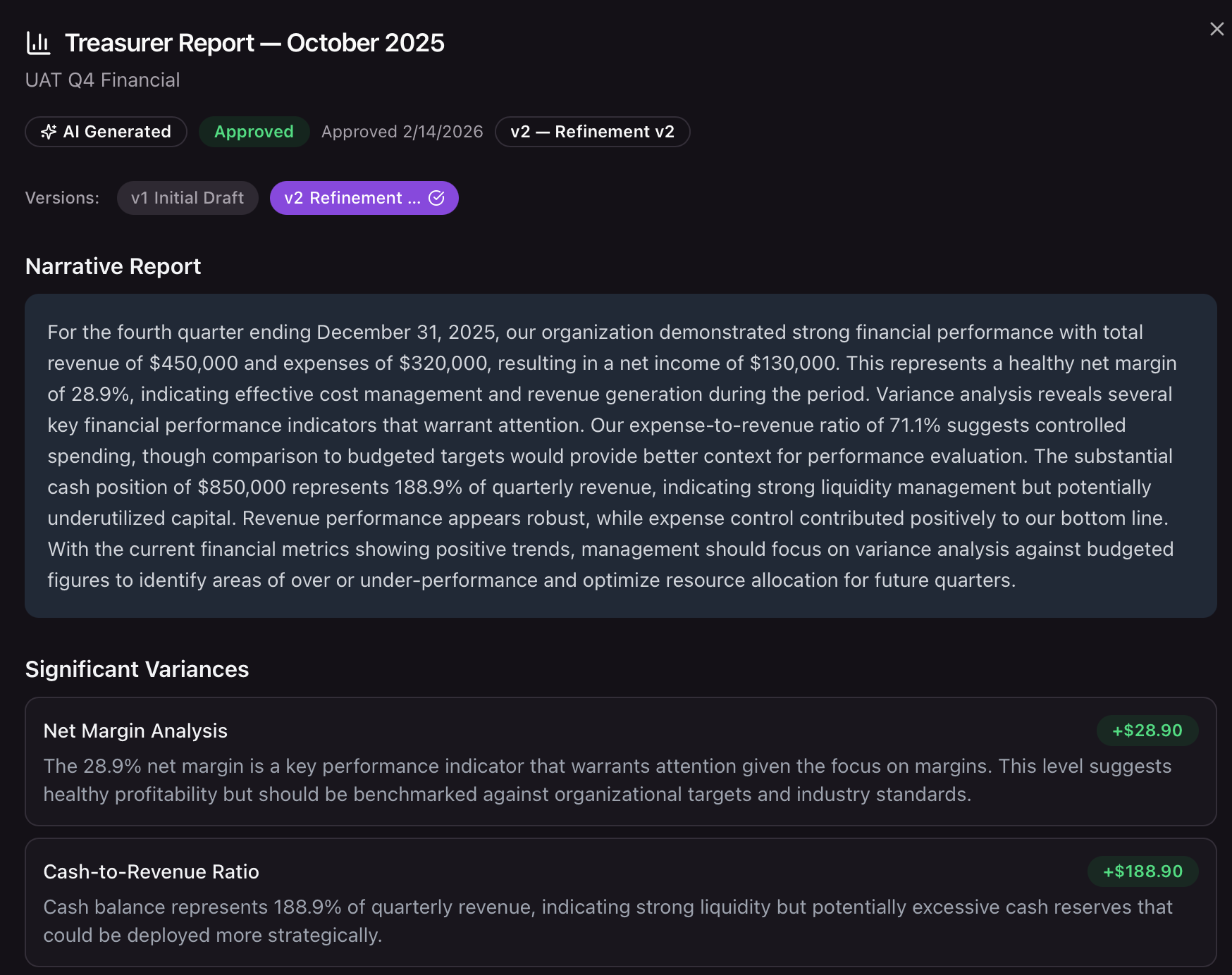 AI-generated treasurer report showing narrative analysis, net margin, and significant variances with approval status