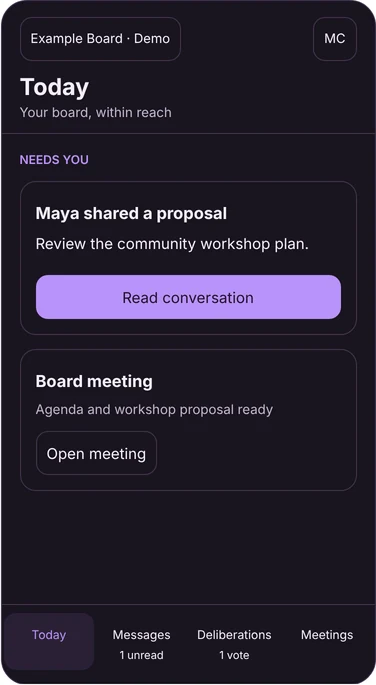 Mobile design preview, Today tab: what needs you on a fictional board