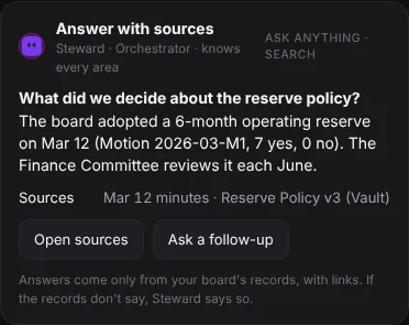 Steward answers a question about a past decision, with its sources, on a demo board
