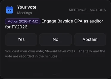 A vote card where a board member casts their own vote on a motion: Yes, No or Abstain
