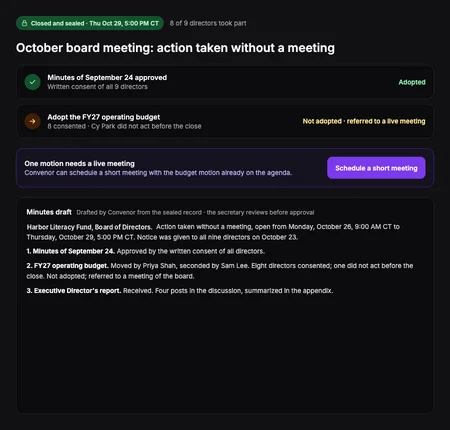 The sealed record: action taken without a meeting, one motion referred to a live meeting, and the minutes draft for the secretary, on a demo board