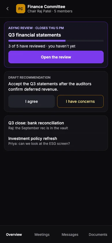 Mobile design preview, a finance committee review with a draft recommendation